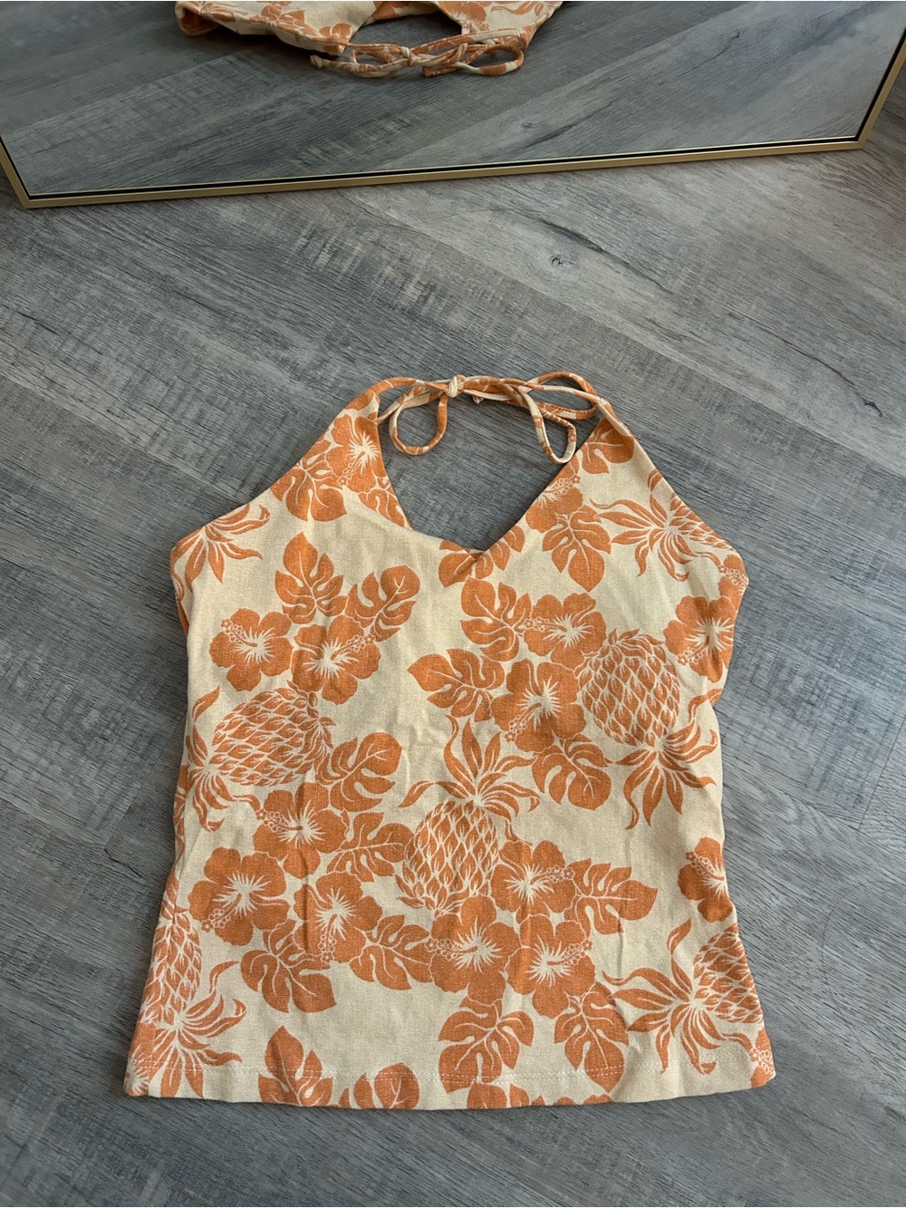 VINTAGE Y2K Wet Seal Hawaiian Halter Top Orange Hibiscus Pineapple Print M